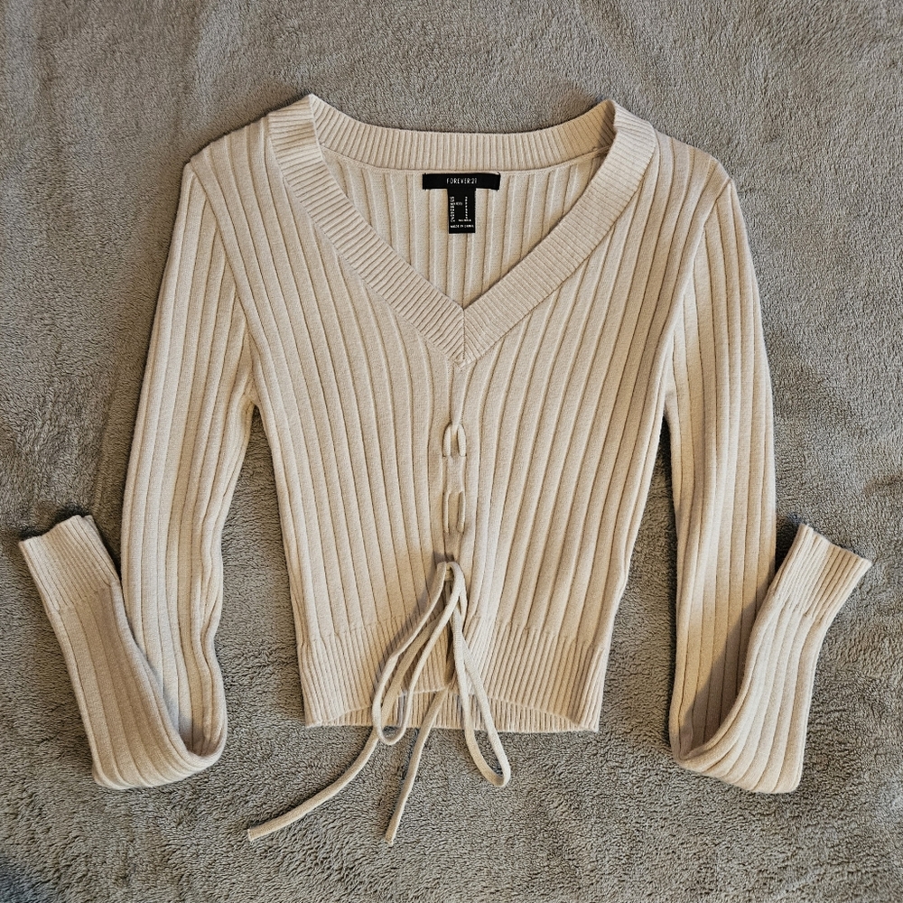 Cream Sweater-knit String Top